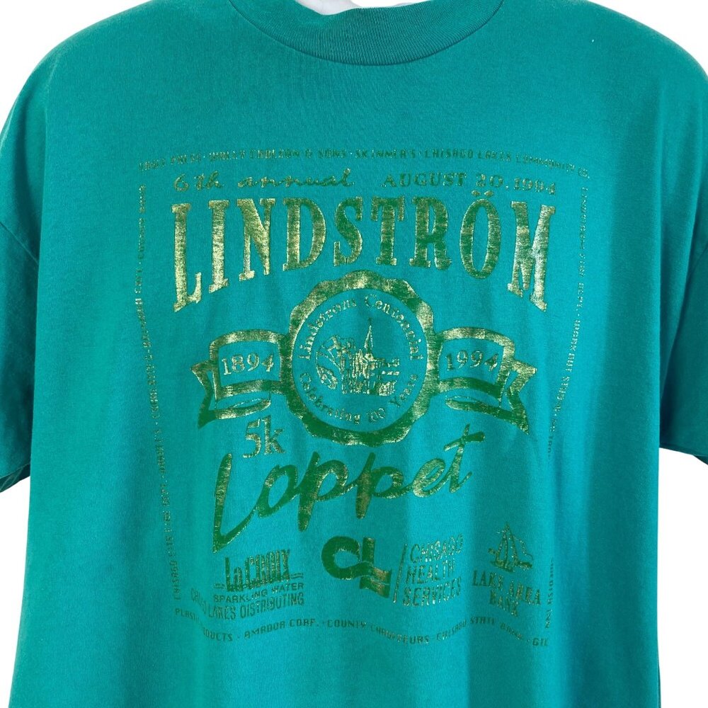 Vintage 90s Lindstrom Loppet 5K Graphic T Shirt XL Mens Green Minnesota USA Made - Picture 2 of 7